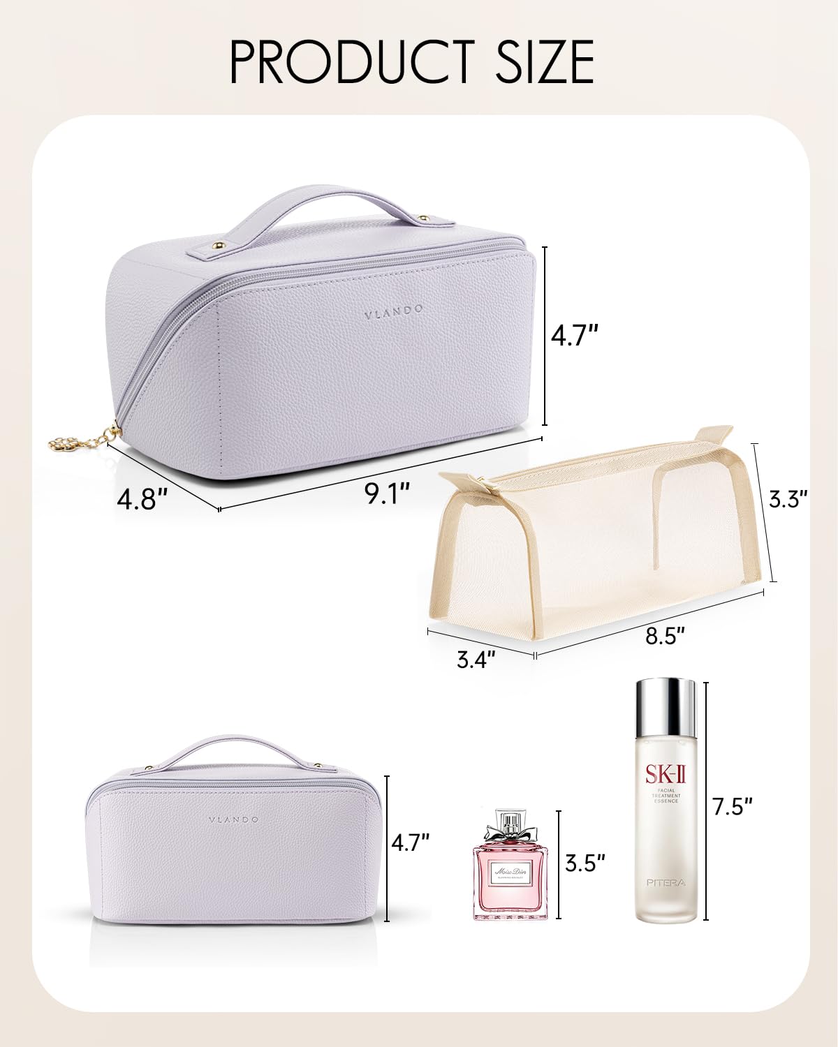 VLANDO Makeup Bag,Travel Toiletry Bag,Cosmetic Bag for Women PU Leather Portable Make up Bag for Skincare, Brushes & Travel Essentials-Purple