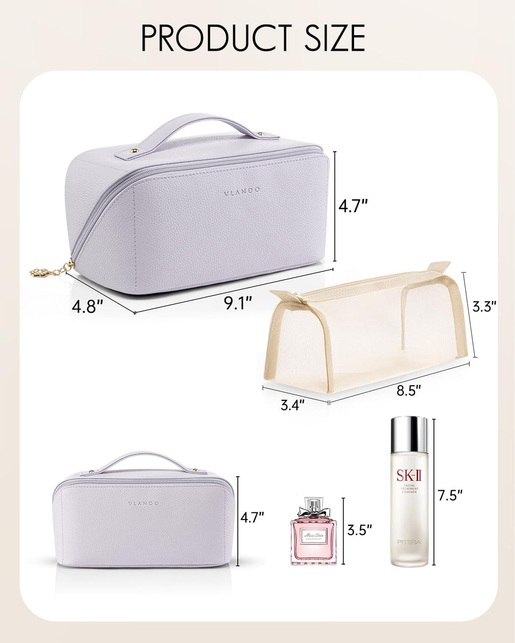 VLANDO Makeup Bag,Travel Toiletry Bag,Cosmetic Bag for Women PU Leather Portable Make up Bag for Skincare, Brushes & Travel Essentials-Purple