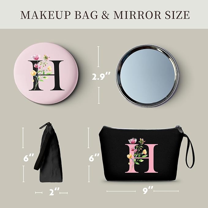 A-Z Personalized Bridesmaid Gifts, Initial Makeup Bag with Mirror, H