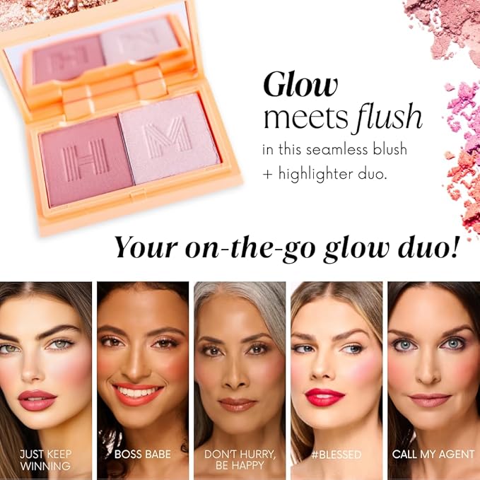 Haute Minute Makeup Blush + Brighten Highlighter Duo, Mini Lightweight Blendable Shimmer Blush, High Pigmented Makeup Powder Palettes, Cruelty Free - Don't Hurry, Be Happy!