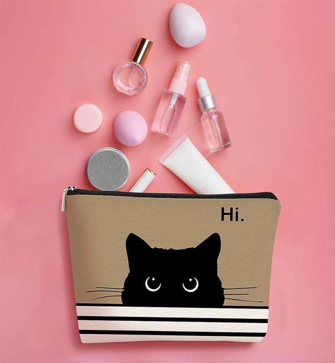 BARPERY Cute Cat Makeup Bag, Kitty Cosmetic Pouch (Black, Light Purple)