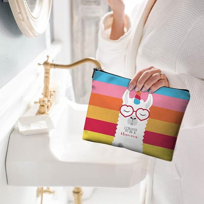 Givotin Cute Makeup Bag for Purse Canvas Waterproof Funny Cosmetic Bags for Women Zipper Travel Toiletry Pouch-Alpaca Makeup Bags-Rainbow