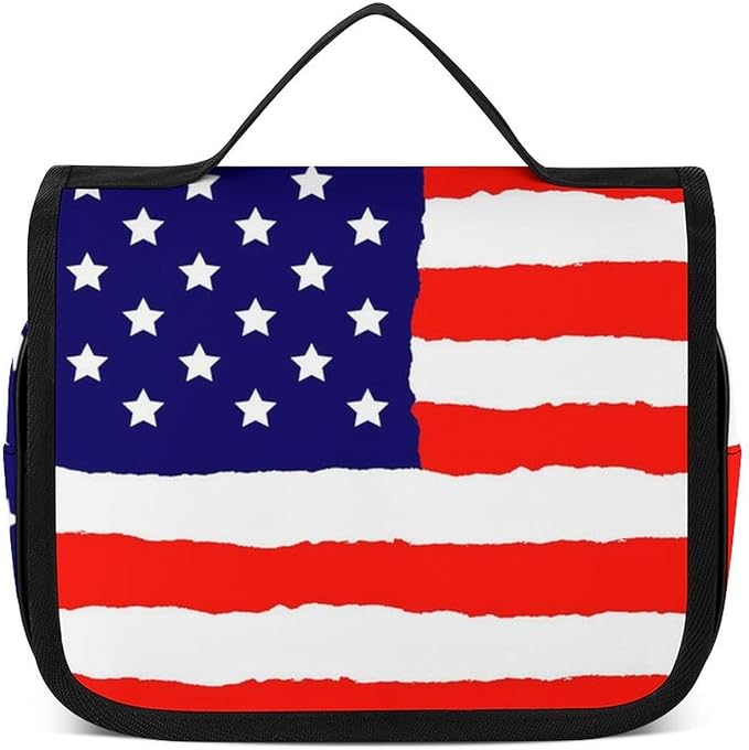 CWECVWE Travel Toiletry Bag, Portable Makeup Bag with Hanging Hook, Hanging Organizer for Women Men Shampoo, Conditioner, Brushes Set, Red Blue White American Flag