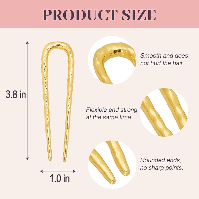 JIRIS 2PCS 3.8Inch French Hair Pins U-Shaped Pins for Women and Girls Fashion Metal Hair Pin French Twist Hair Pins for Buns, Updos,Stylish and Functional(set2-gold)