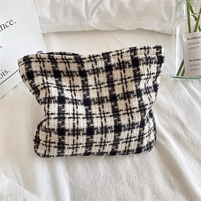 PAZIMIIK Makeup Bags for Purse Zipper Cosmetic Pouch Large Travel Canvas Make Up Organizer Tool Pouch for Women and Girls,Plaid Black