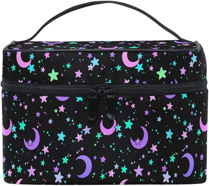 MNSRUU Makeup Bag, Crescents and Stars Makeup Organizer Bags Toiletry Bag Box Travel Cosmetic Bag Make Up Train Case for Women Teen Girl Ladies