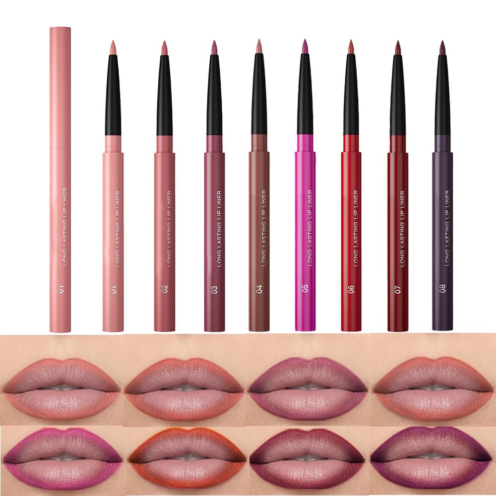 QIDSTERS 8Pcs Gel Lip Liner Pencil Set for Women, Matte Long Lasting LipLiner Lipstick 24 Hour, High Pigmented Lips Makeup Retractable Liners Waterproof Smudge Proof, Vegan & Cruelty-Free