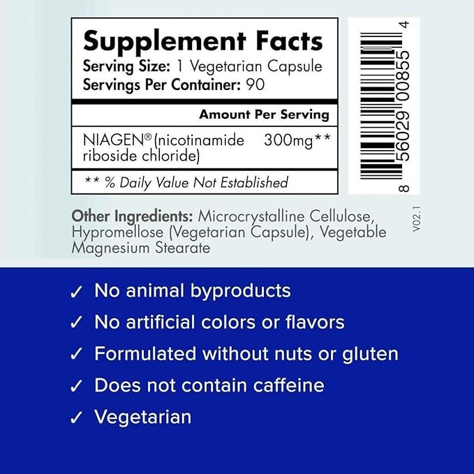 TRU NIAGEN Patented NAD+ Supplement, 300mg Niagen, 180 Servings | Nicotinamide Riboside (NR) Take 1 Daily | 2 Bottles