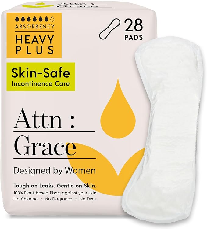 Attn: Grace Heavy Plus Incontinence Pads for Women, 28-Pack - Plant-Based, High Absorbency, Breathable - Incontinence Pads for Heavy Bladder Leaks & Sensitive Skin