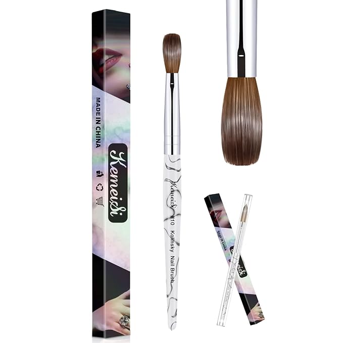 Acrylic Nail Brush Size 10,KEMEISI 100% Pure Kolinsky Nail Art Brushes Sturdy Marble Handle Oval Shaped Acrylic Powder Nail Design Tools for Professional Manicure DIY Home Salon (White)