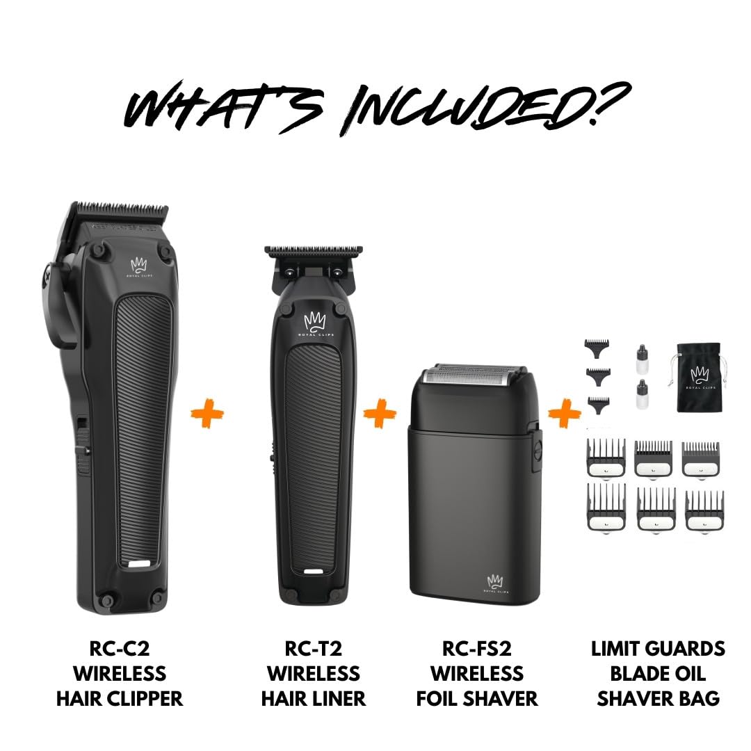 Royal Clips Hair and Beard Fade Kit 2.0 – Professional Clipper, Trimmer & Foil Shaver Bundle for Men, Complete Haircut Set for Barbers – Ideal Holiday Gift for Men, Fathers, Brothers & Barbers - Black