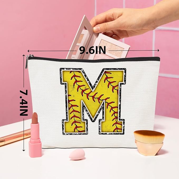 Softball Gifts Initial M Makeup Bag Softball Gifts for Team Cosmetic Bag