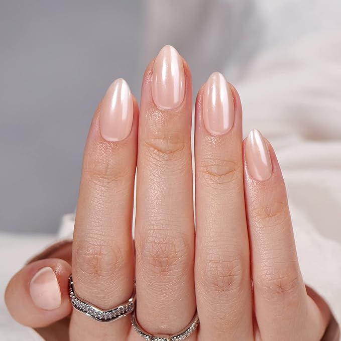 BTArtbox Press On Nails, Nudies, Short Almond, Short Nude Chrome, 32Ct
