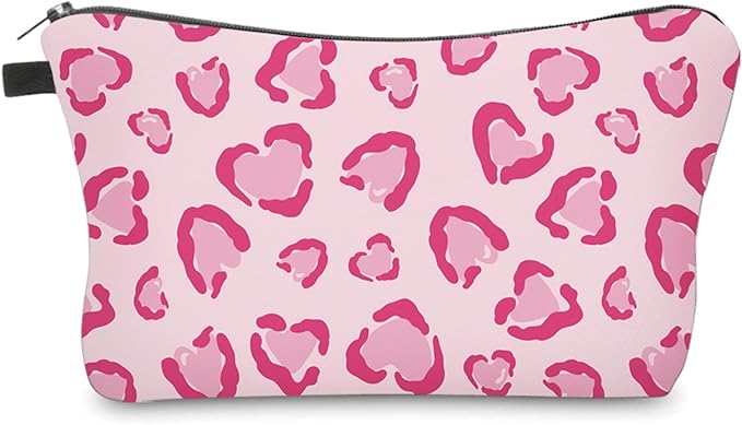 Aiphamy Cute Travel Makeup Bag Cosmetic Bag Small Pouch Gift for Women (Heart Leopard Pink)