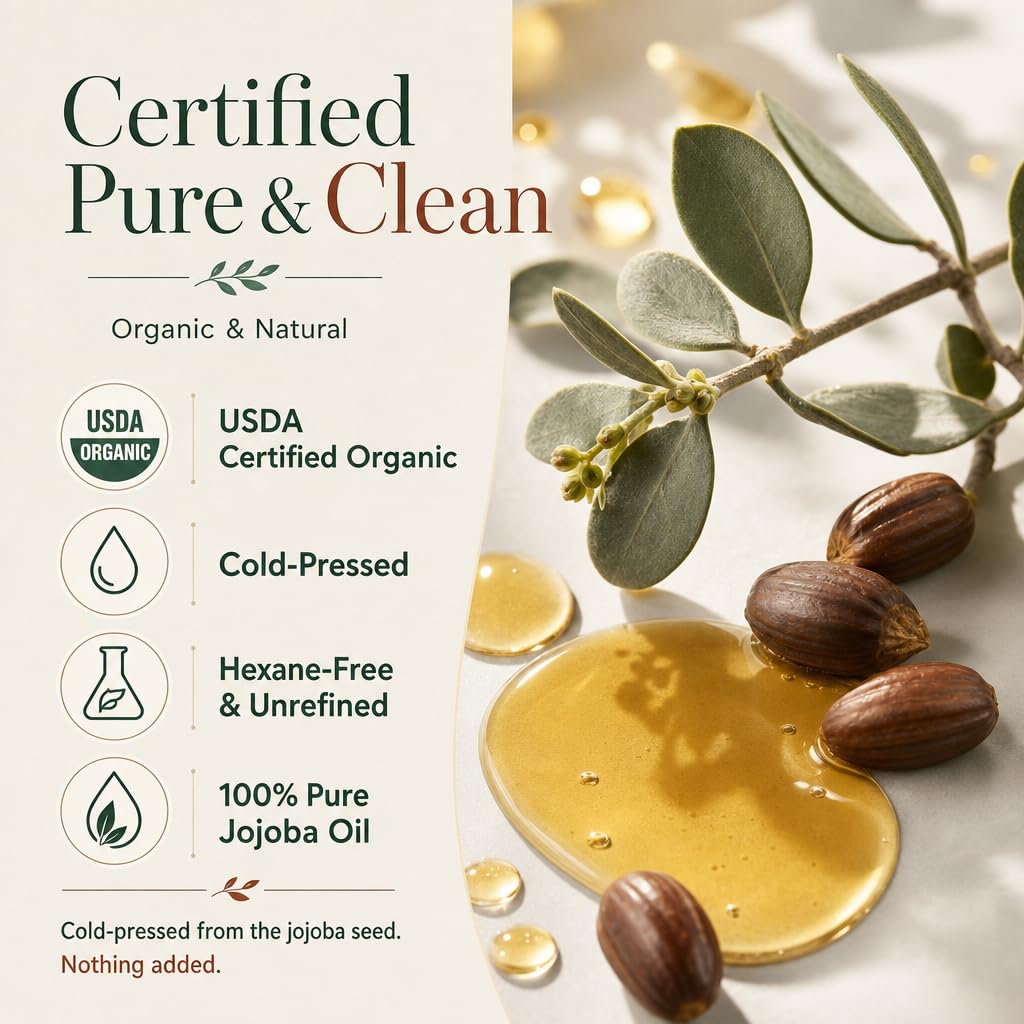 Organic Jojoba Oil, 100% Pure Cold-Pressed for Face, Skin & Hair, 4 Oz