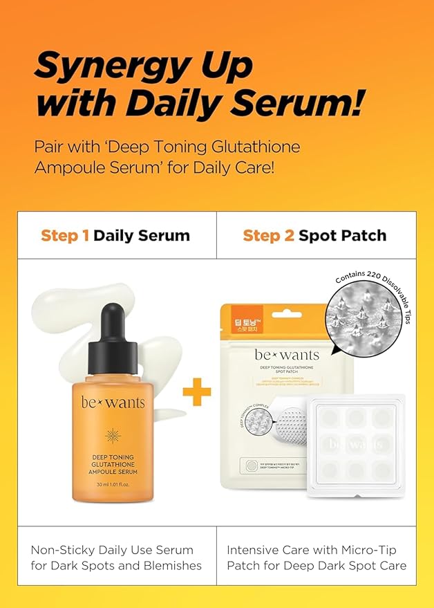 [K-Beauty] bewants Deep Toning Glutathione Ampoule Serum | Korean Skincare with Vitamin C & Calendula Extract, 1.01 fl.oz & Bewants Deep Toning Glutathione Spot Patch
