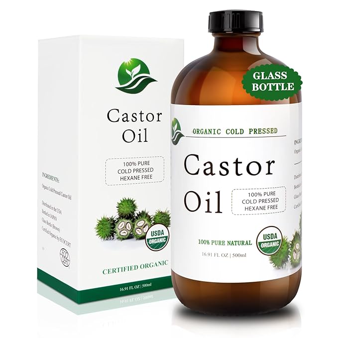 MAYLINK Castor Oil Organic Cold Pressed Unrefined Glass Bottle-Organic Certified 100% Pure Castor Oil,Hexane Free,Organic Castor Oil for Face,Hair Growth,Eyelashes,Caster 16.91fl.oz/500ml