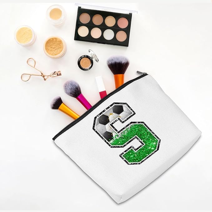 CQM Soccer Gifts Initial Makeup Bag Soccer Girl Gifts Cosmetic Bag Letter S