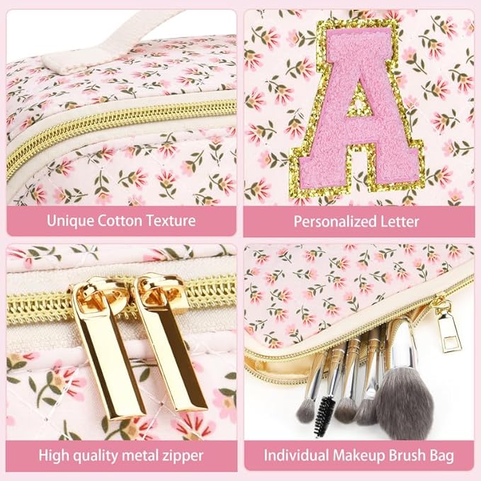 Personalized Travel Makeup Bag Set,Initial Travel Cute Floral Makeup Organizer Bag,Toiletry Skincare Cosmetic Bag,Christmas Gifts for Women/Girls,Open Flat Toiletry Pouch with Brush Pocket-R