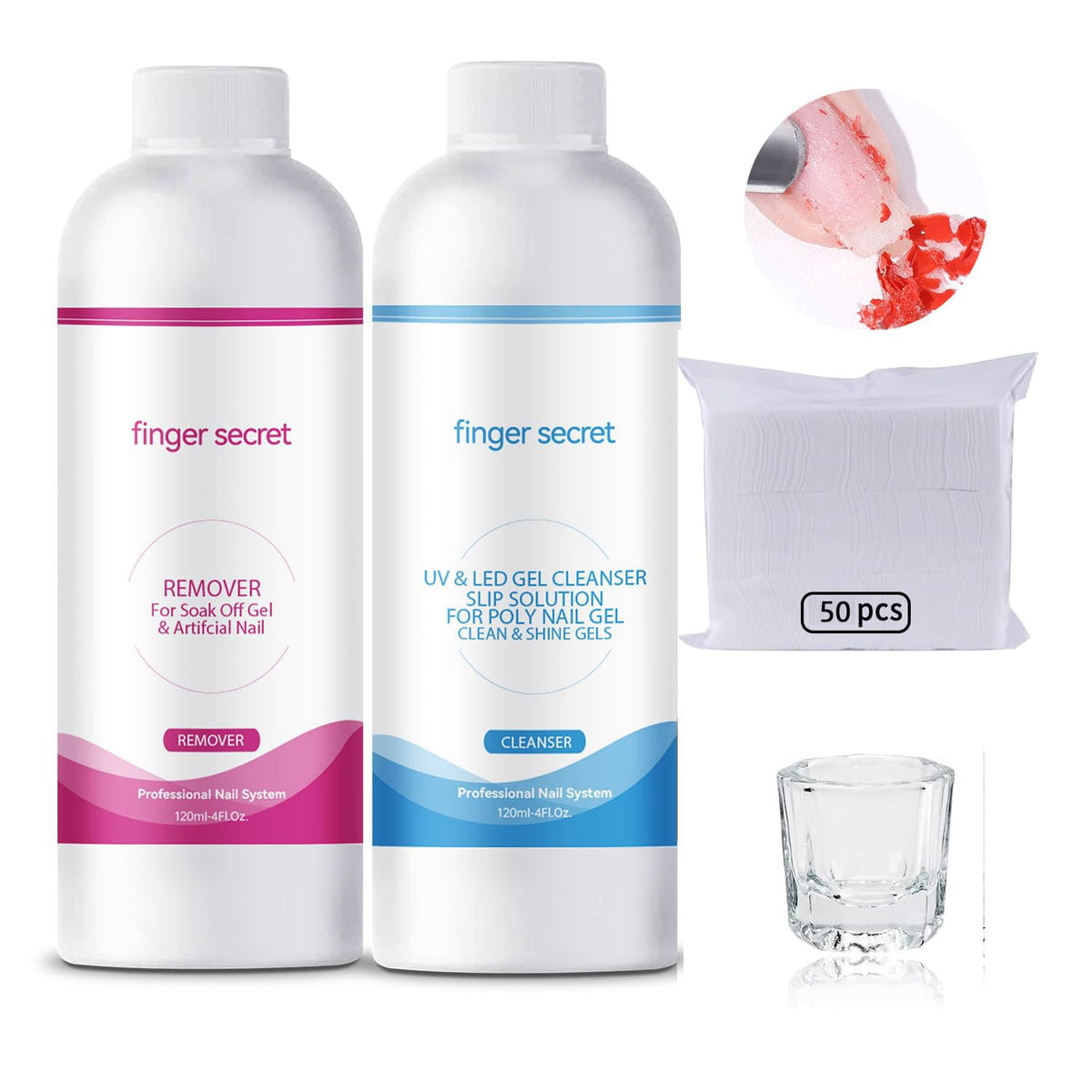 BEVINAS Nail Polish Remover Kit Nail Glue Remover & Nail Brush Cleaner Professional Nail Remover Quickly Clean Nail Brushes with Glass Cup Nail Cleaning pads for Nails