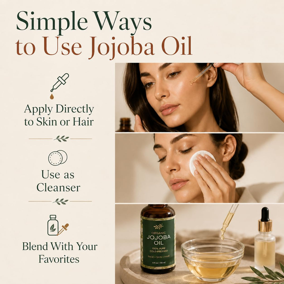 Organic Jojoba Oil, 100% Pure Cold-Pressed for Face, Skin & Hair, 4 Oz