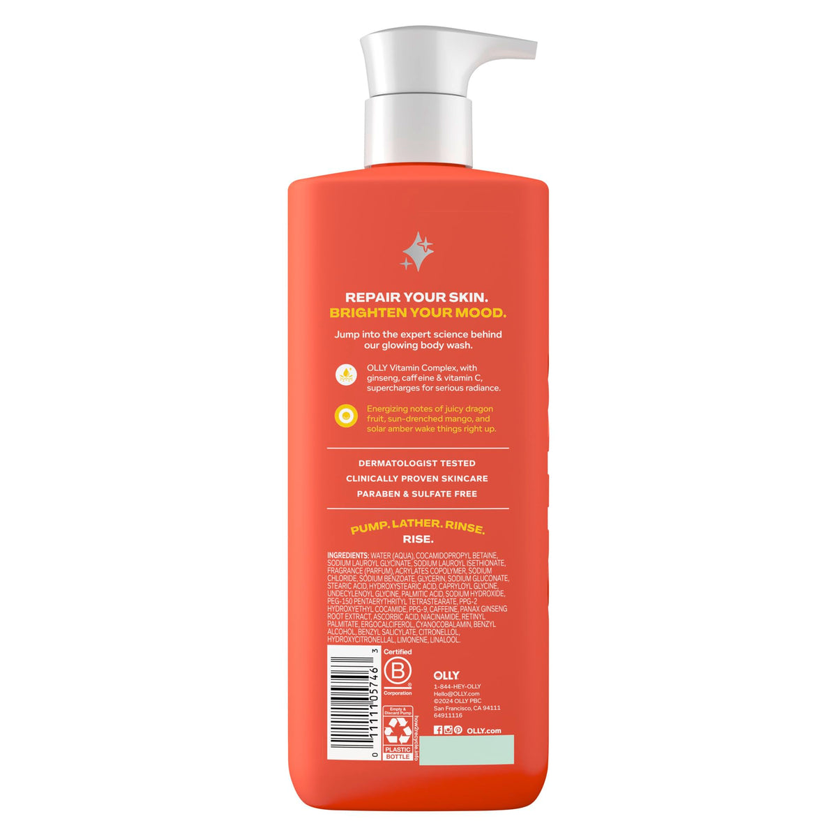 OLLY Bright Body Wash with Ginseng, Caffeine & Vitamin C- Nourishing 17 oz