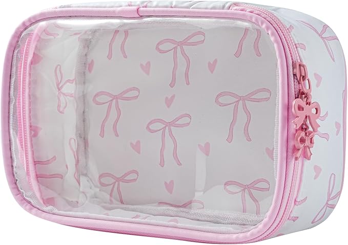RSRSLEII Cute Clear Makeup Bag with Bow Pattern,Transparent Nylon Travel Cosmetic Case with Zipper,Portable Makeup Organizer Pouch for Essentials(01Pink)