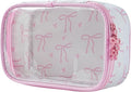 RSRSLEII Cute Clear Makeup Bag with Bow Pattern,Transparent Nylon Travel Cosmetic Case with Zipper,Portable Makeup Organizer Pouch for Essentials(01Pink)