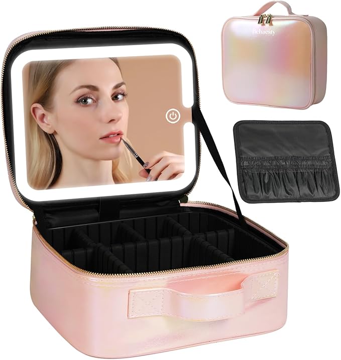 Behaesty Travel Makeup Bag with LED Lighted Mirror, Cosmetic Makeup Organizer Bag with 3 Color Setting, Makeup Train Case with Adjustable Dividers for Women Makeup Brushes Jewelry Accessories