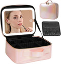 Behaesty Travel Makeup Bag with LED Lighted Mirror, Cosmetic Makeup Organizer Bag with 3 Color Setting, Makeup Train Case with Adjustable Dividers for Women Makeup Brushes Jewelry Accessories