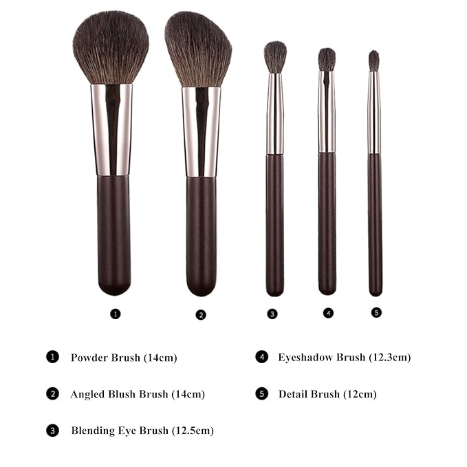 Travel Makeup Brushes Set w/Pouch, Portable 5PCS Professional Premium Goat Hair Cosmetic Brushes Kit for Powder Blush Concealers Contouring Highlighting