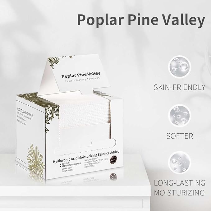 Poplar Pine Valley Disposable Face Towels XL, Makeup Remover Dry Wipes, Hyaluronic Acid Added, Cleansing and Moisturizing, Skin Care, Cotton, Thick Soft, Travel, 50 Ct, 1 Pack, White