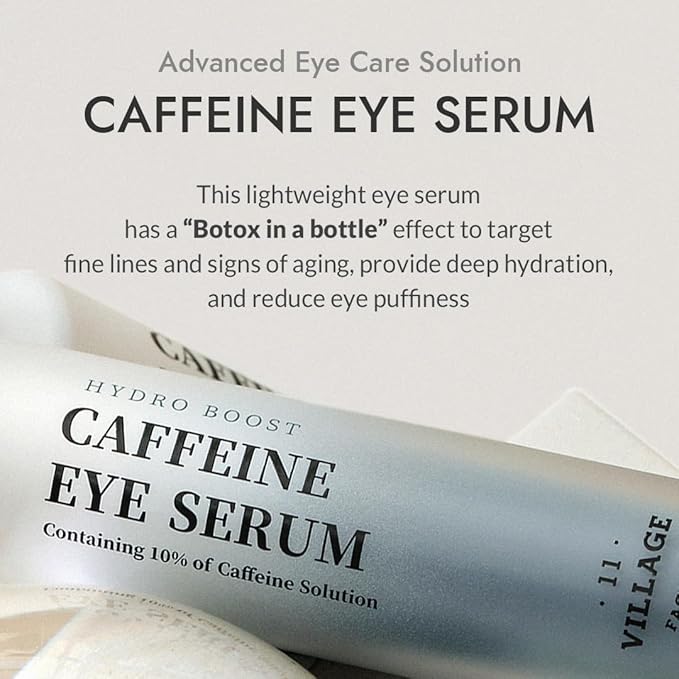VILLAGE11FACTORY Hydro Boost Caffeine Eye Serum with 10% Caffeine Solution, Niacinamide, Hyaluronic Acid & Hexapeptide-8 for Depuffing, Elasticity, Dark Circle Treatment (0.33 fl.oz./10ml)