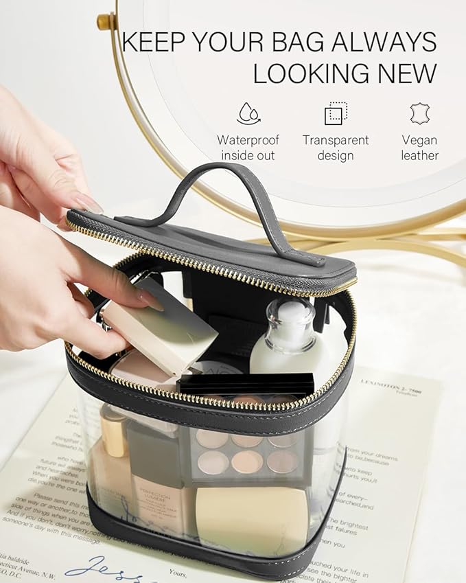 ROWNYEON Clear Makeup Bag, Travel Toiletry Bag Transparent Cosmetic Case with Zipper, Portable Make Up Organizer Clear Car Bag for Essentials with Handle (Black)