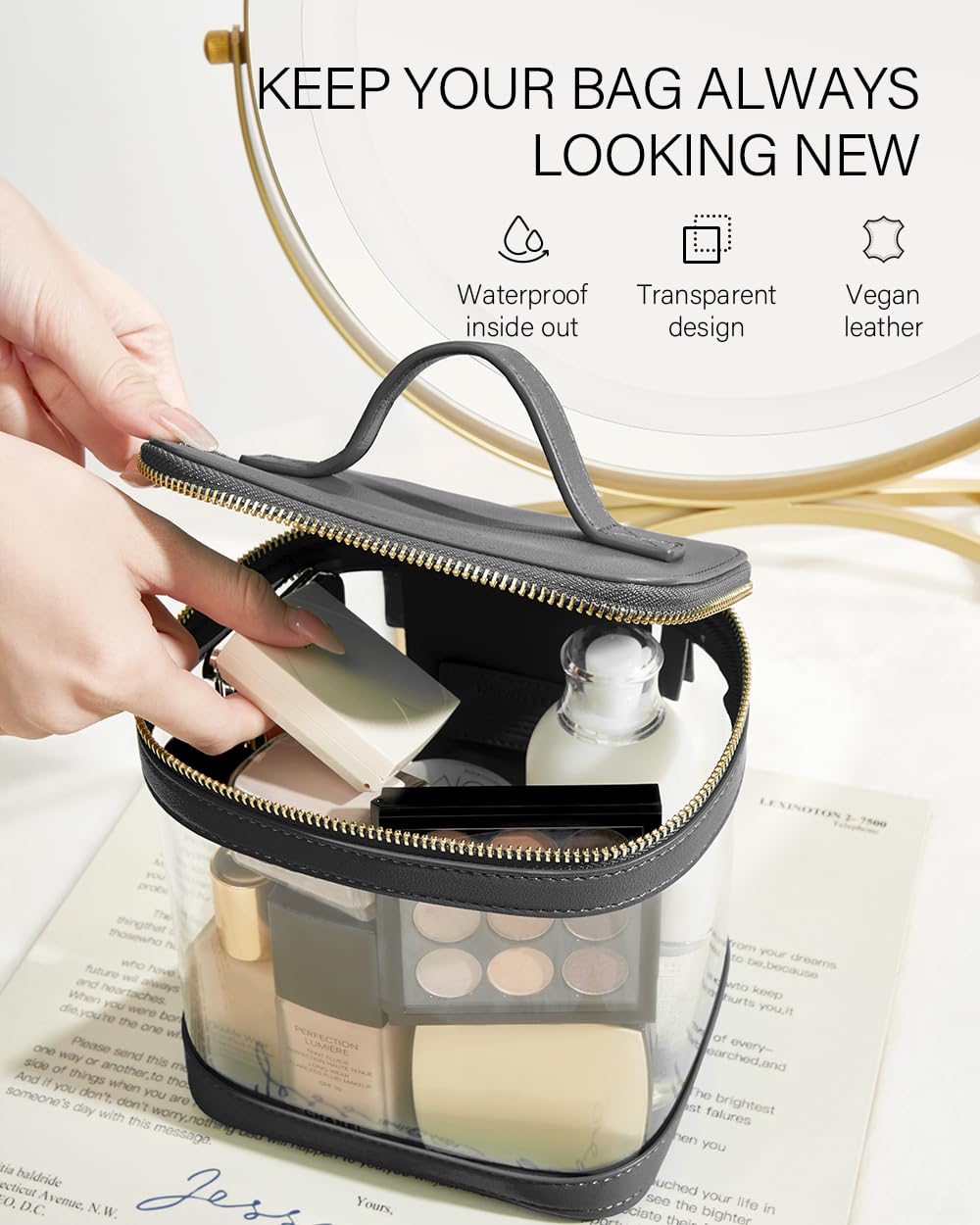 ROWNYEON Clear Makeup Bag, Travel Toiletry Bag Transparent Cosmetic Case with Zipper, Portable Make Up Organizer Clear Car Bag for Essentials with Handle (Black)