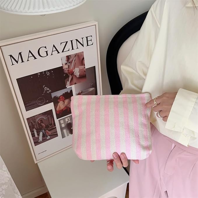 Flat Makeup Bag for Women,Zipper Cosmetic Pouch for Purse,Stripe Pink
