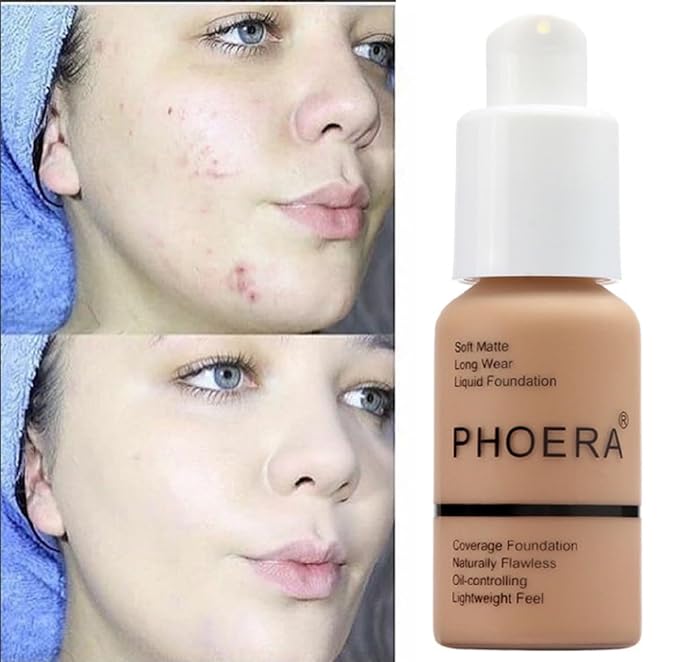 2 Pack PHOERA Foundation,Full Coverage Flawless Soft Matte 24HR Oil Control Liquid Foundation.104 Buff Beige