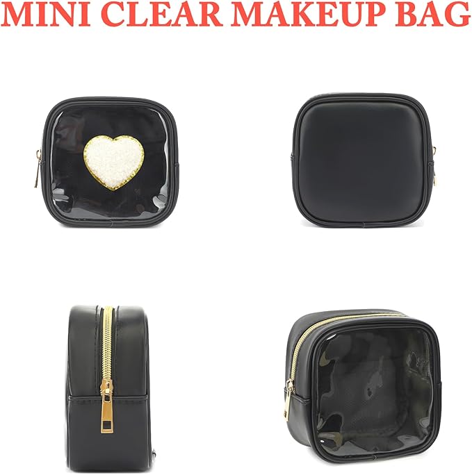 Fammart Clear Makeup Bag with 2 Cute Chenille patterns - Waterproof PU Leather Cosmetic Case, Mini Personalized Toiletry Pouch for Women & Teens, ideal for Travel & Gift