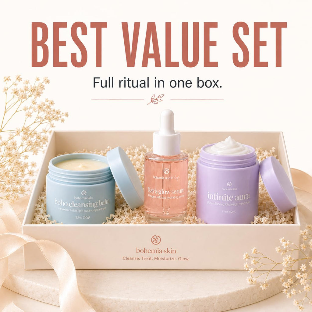 Bohemia Skin Kay’s Glow Serum + Infinite Aura Moisturizer + Boho Cleansing Balm – Oxygen-Infused THDA Vitamin C with Gentle AHA for Face and neck | Hydrates, Soothes and Brightens Bundle