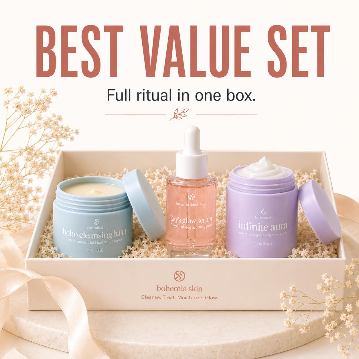 Bohemia Skin Kay’s Glow Serum + Infinite Aura Moisturizer + Boho Cleansing Balm – Oxygen-Infused THDA Vitamin C with Gentle AHA for Face and neck | Hydrates, Soothes and Brightens Bundle