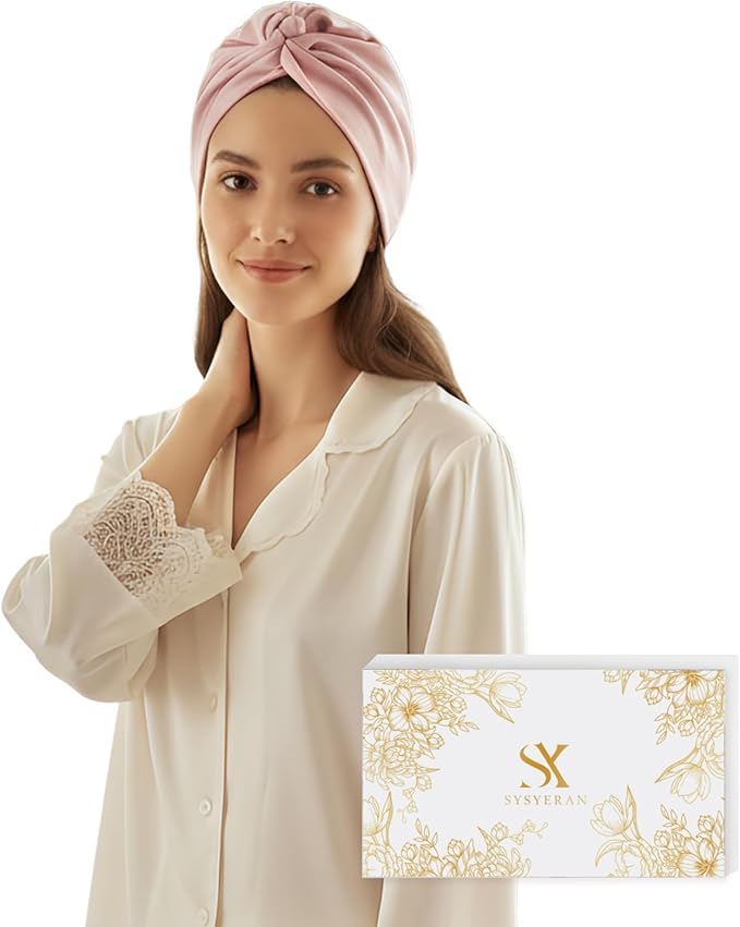 SYSERAN 100% Mulberry Silk Bonnet for Sleeping - Women Natural Curly Hair Night Cap Luxury Sleep Head Wrap with Elastic Band(Lotus Pink)