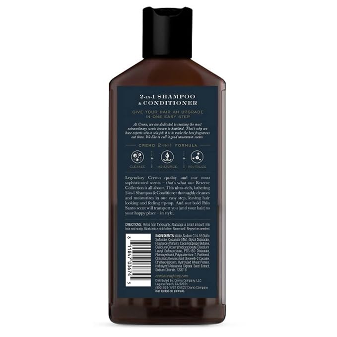 Cremo Palo Santo Barber Grade 2-n-1 Shampoo & Conditioner, Notes of Bright Cardamom, Dry Papyrus and Aromatic Palo Santo, 16 Fl Oz (Pack of 2)