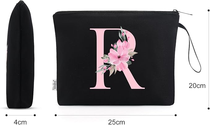 Vavabox A-Z Personalized Makeup Bag, Birthday Gifts for Women Mom, Gifts for Best Friend, Bride Bridesmaid Cosmetic bag (R, 02-Black)