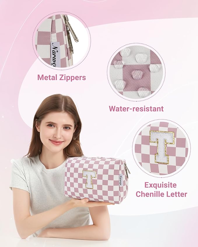 Narwey Birthday Gifts for Teen Girls Kids Women Personalized Initial Checkered Makeup Bag Pink Monogram Cosmetic Bag Trendy Stuff 6 8 10 11 12 13 14 16 18 Years Old Travel Toiletry Bag (Dusty Rose T)