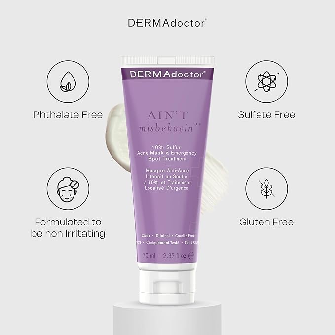 DERMAdoctor Ain’t Misbehavin’ 10% Sulfur Acne Mask, Oil-Absorbing Facial Treatment, 2.3 fl oz