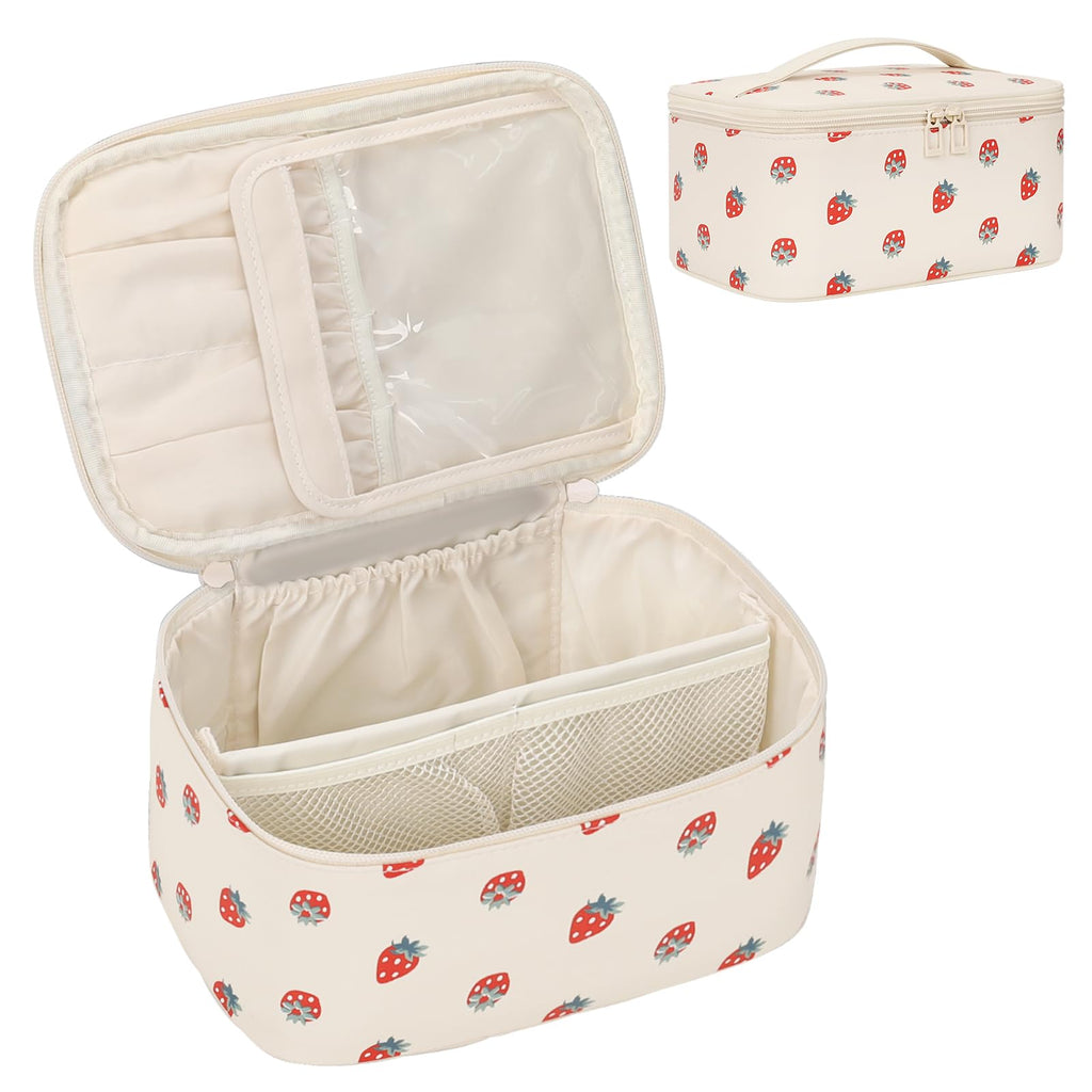 OCHEAL Makeup Bag,Travel Makeup Organizer Bag, Large Capacity Cosmetic Bags For Women Large Travel Toiletry Bag Girls Traveling With Brush Slot And Divider-PU Strawberry
