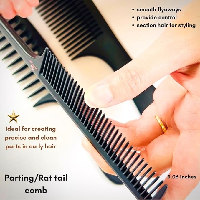 Vivedge Carbon Fiber Hair Comb Set for Curly Hair Woman|Wide Tooth Comb, Parting, Fine Tooth for Detangling, Styling for Natural Fine Straight to Curly, Thick, Wet or Dry Hair (Black-Pink)