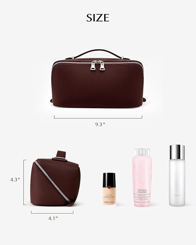 EACHY Travel Makeup Bag, Lychee Leather Large Capacity Cosmetic Bag for Women, Open Flat Toiletry Bag with TPU Brush Compartment, Waterproof Skincare Organizer Travel Essentials