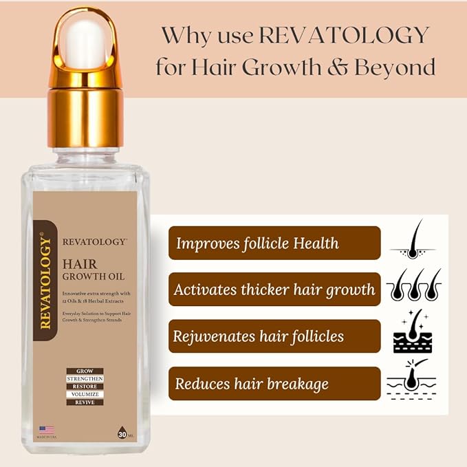 Revatology Hair Growth Oil for Adults, Ayurvedic Pre Wash and Overnight Scalp Treatment for Thinning Hair, 30 Cold Pressed Botanicals with Rosemary and Castor Oil, Made in USA