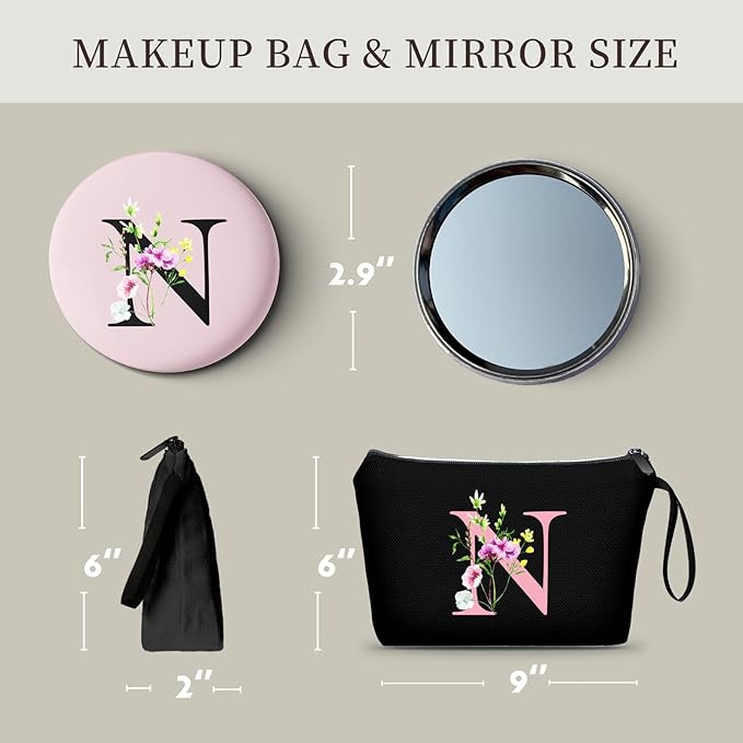 SEAMOON A-Z Personalized Gifts for Women, Small Makeup Bag with Mirror, N